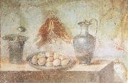 Still life wall Painting from the House of Julia Felix Pompeii thrusches eggs and domestic utensils